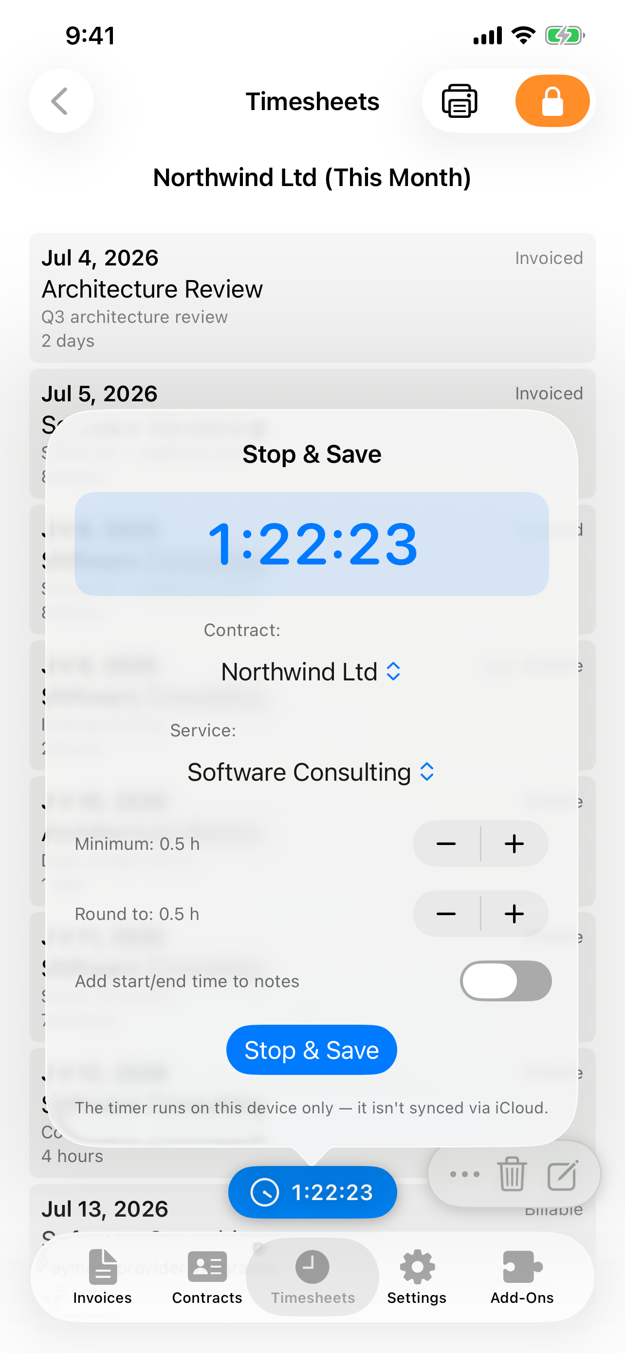 Invoya running timer on iPhone
