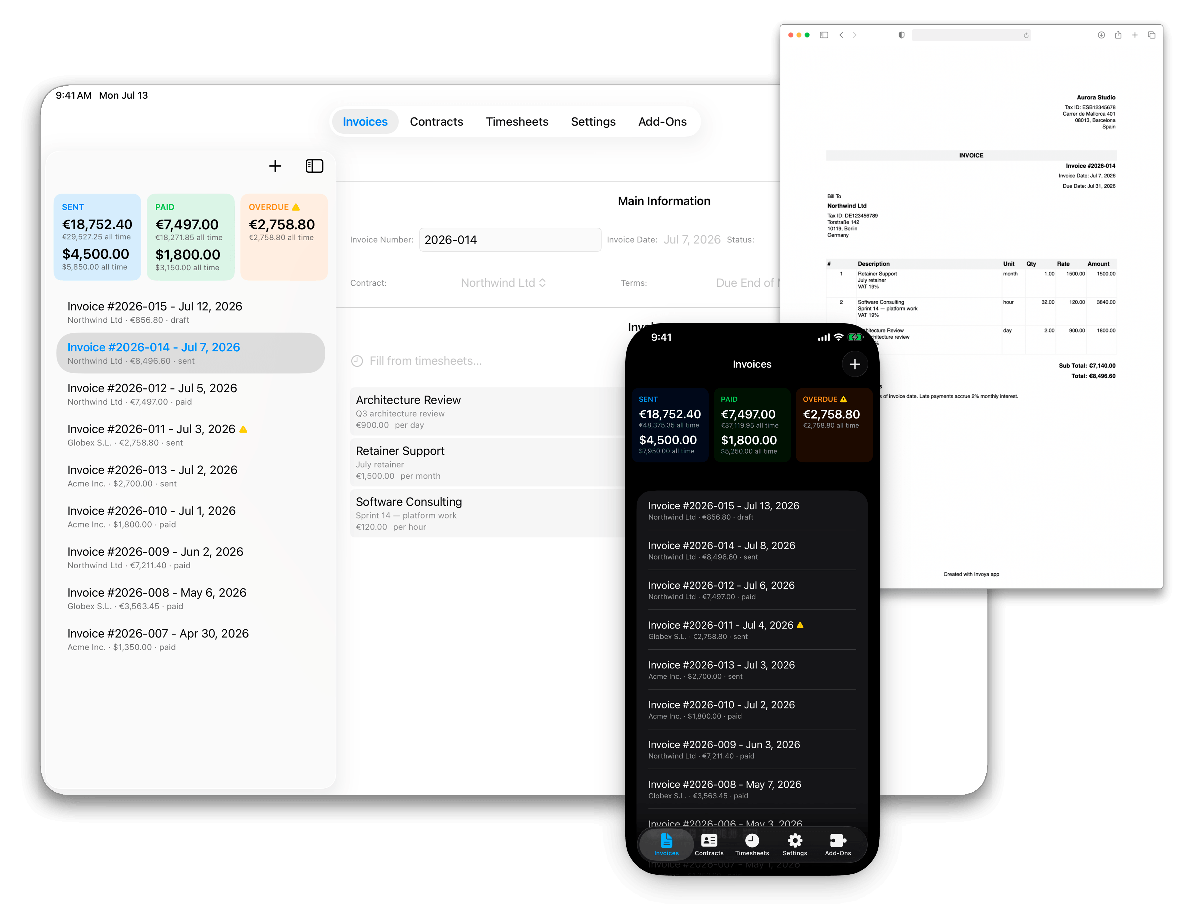 Invoya invoice editor and exported PDF